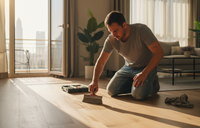 Technician restoring wooden floor in Dubai home
