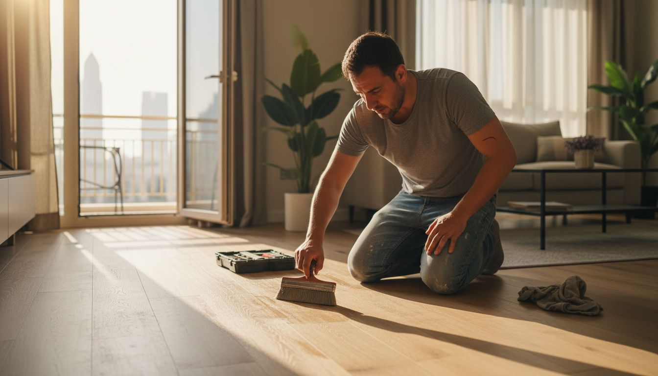 Technician restoring wooden floor in Dubai home