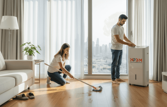 Couple cleaning wooden floor in Dubai apartment