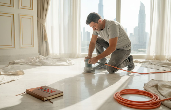 Floor technician refinishing marble in Dubai penthouse