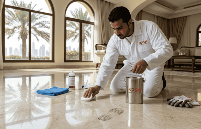 Technician polishing marble floor in Dubai villa