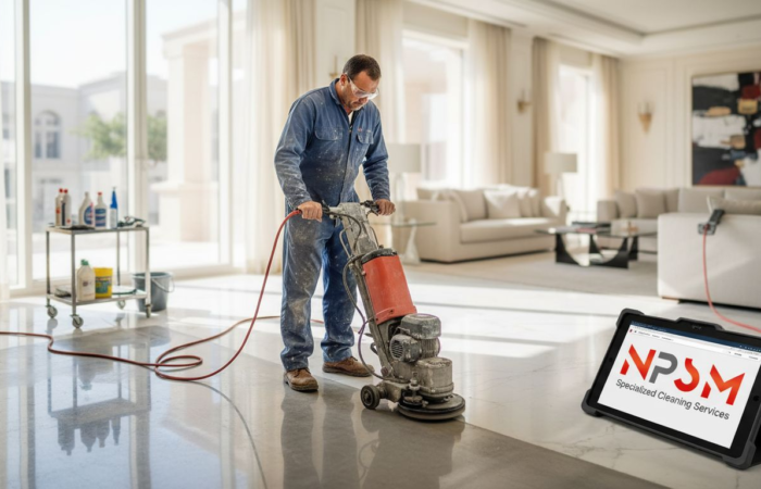 Technician grinding marble floor in villa