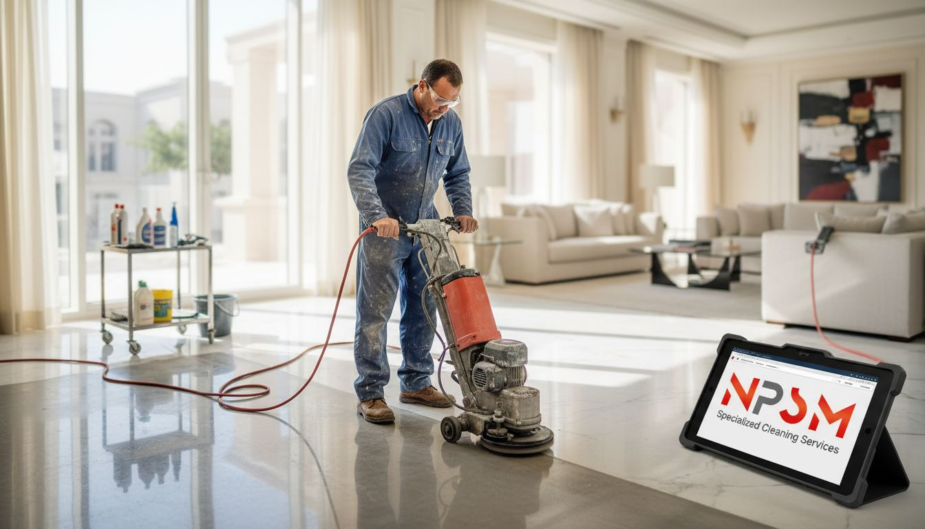 Technician grinding marble floor in villa