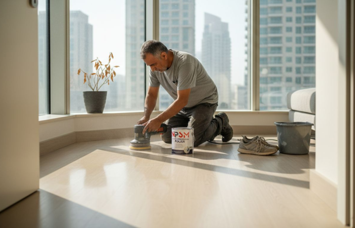 Worker polishing vinyl floor in Dubai apartment
