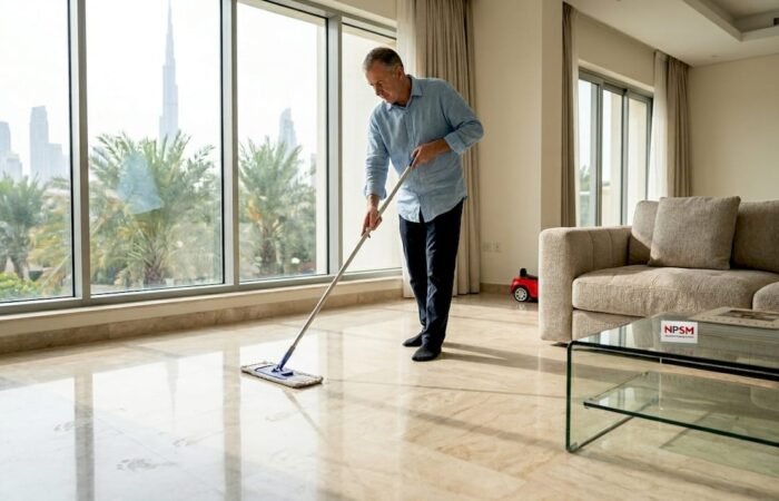 Man cleaning marble floor in Dubai villa