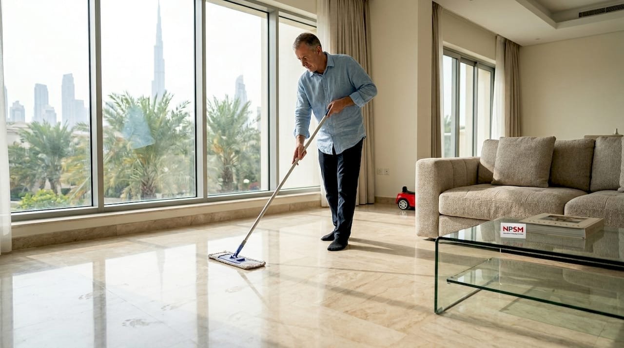 Man cleaning marble floor in Dubai villa