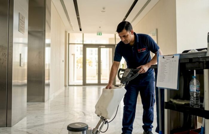 Technician cleaning marble floor in Dubai lobby