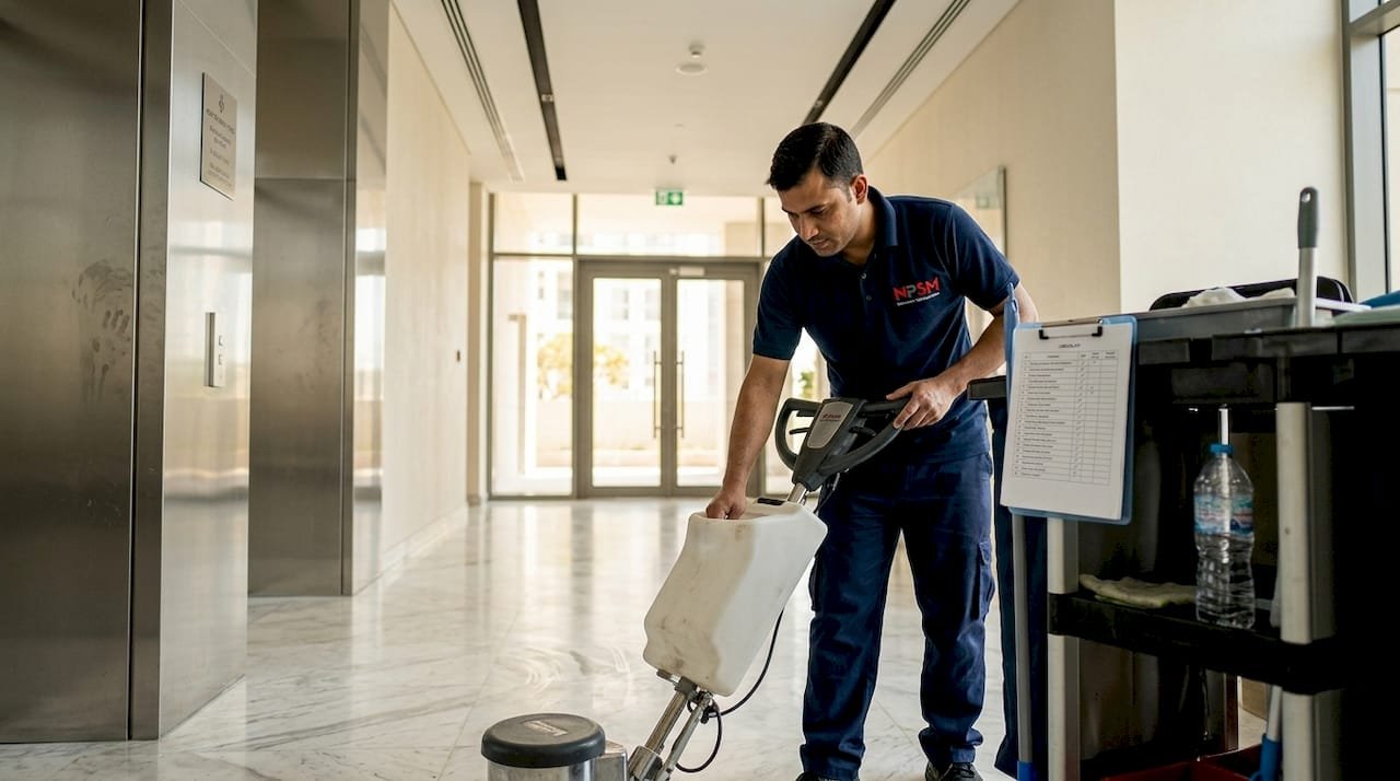 Technician cleaning marble floor in Dubai lobby
