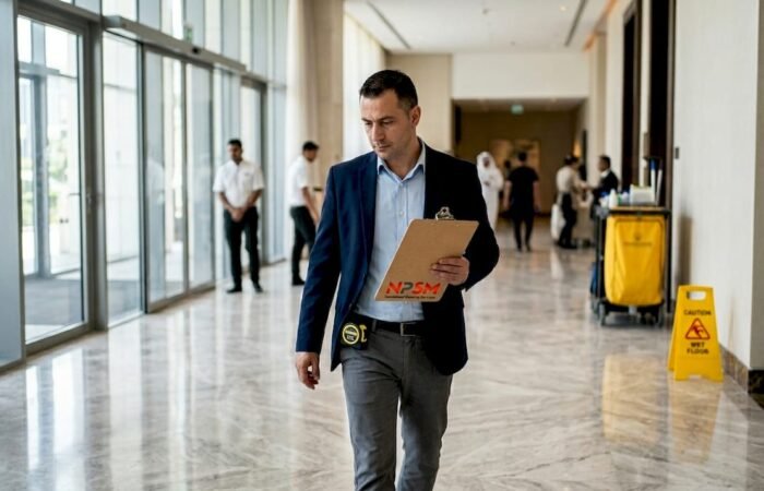 Manager inspecting marble floor in Dubai hotel lobby