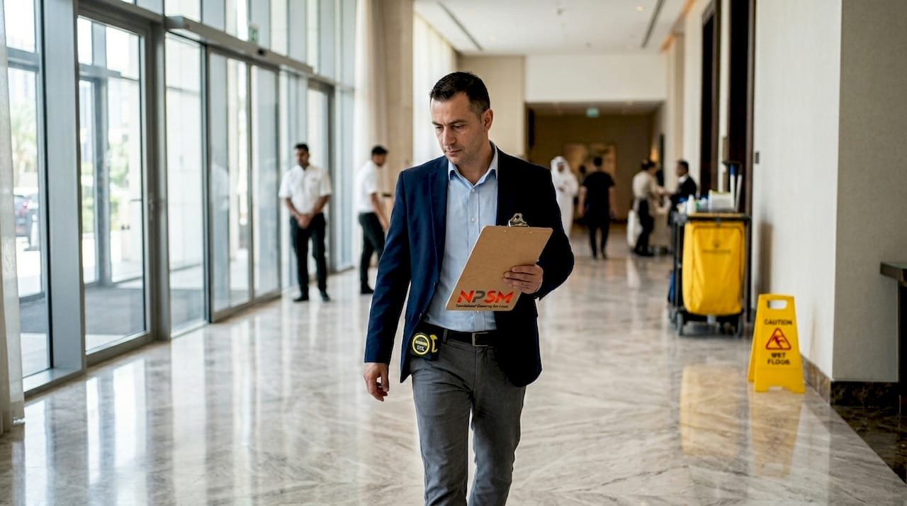 Manager inspecting marble floor in Dubai hotel lobby