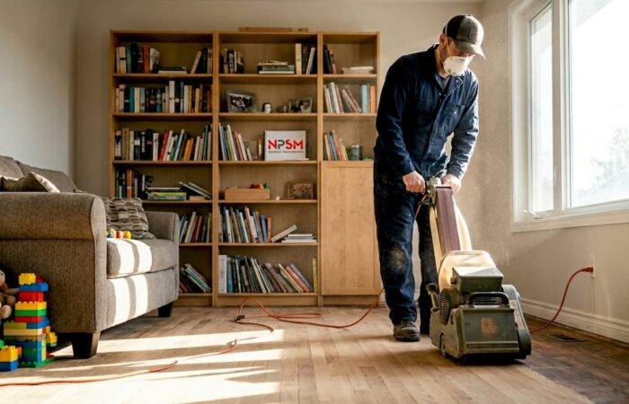 Professional sanding wood floor in bright living room