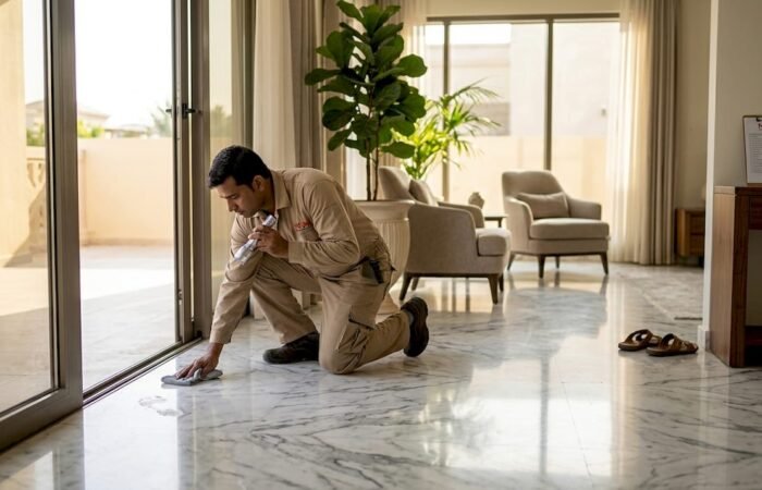 Worker inspecting marble floor in Dubai villa