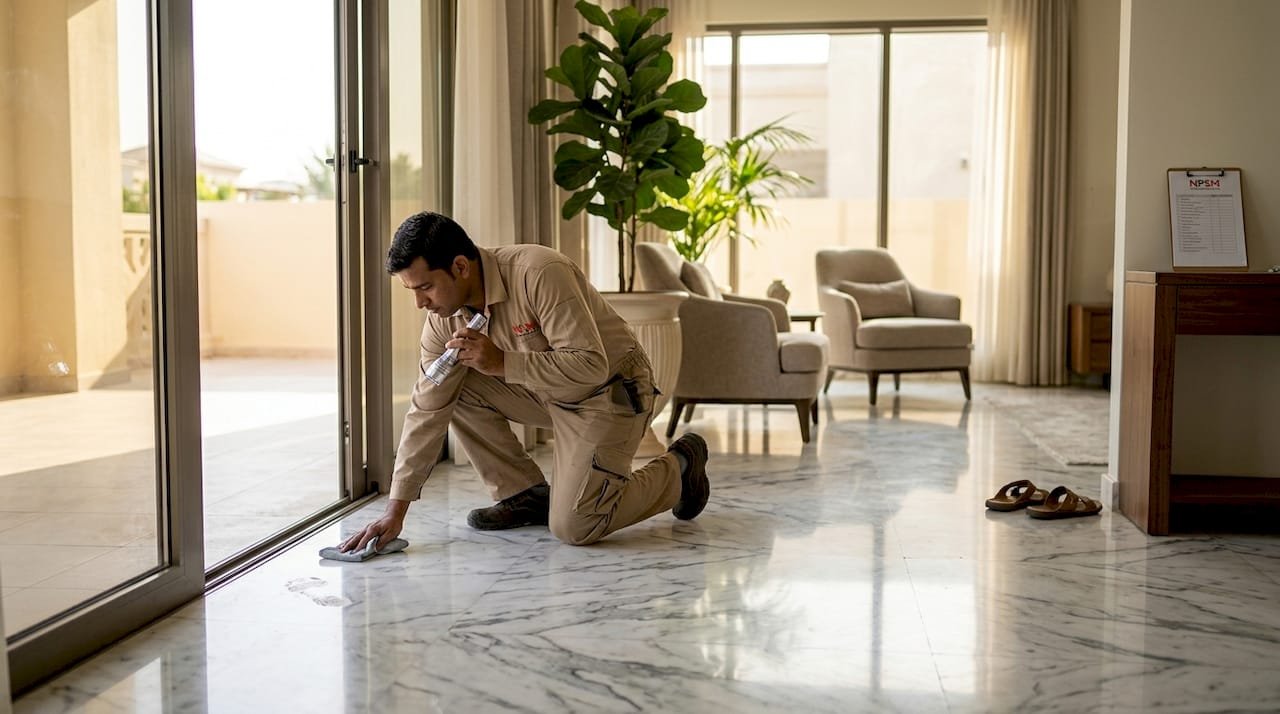 Worker inspecting marble floor in Dubai villa
