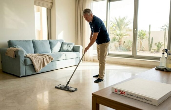 Man polishing marble floor in Dubai apartment living room