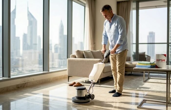 Homeowner polishing marble floor in Dubai living room