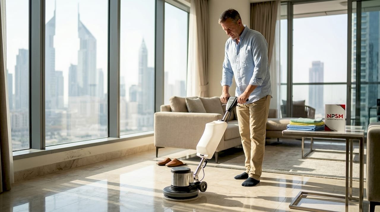 Homeowner polishing marble floor in Dubai living room