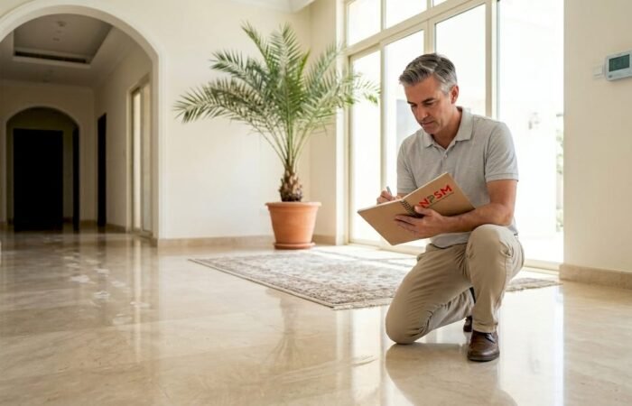 Property manager assessing Dubai villa floors