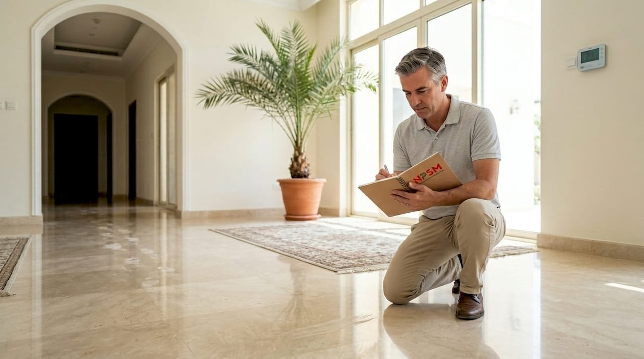 Property manager assessing Dubai villa floors