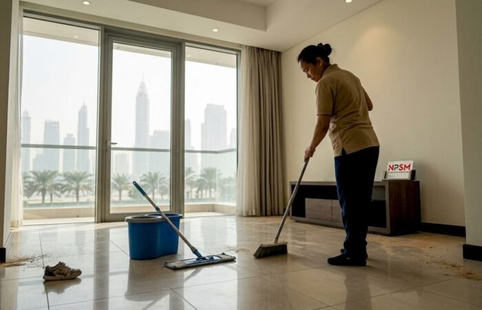 Housekeeper sweeping tiles near Dubai apartment windows