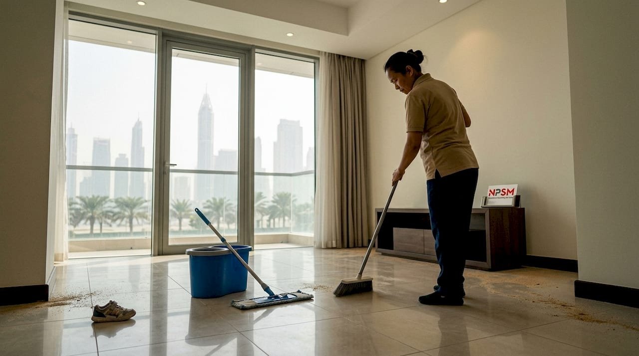 Housekeeper sweeping tiles near Dubai apartment windows