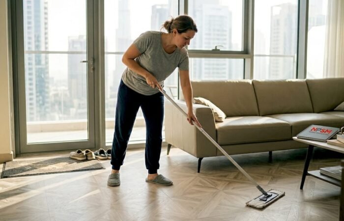 Woman mopping vinyl floor in Dubai apartment