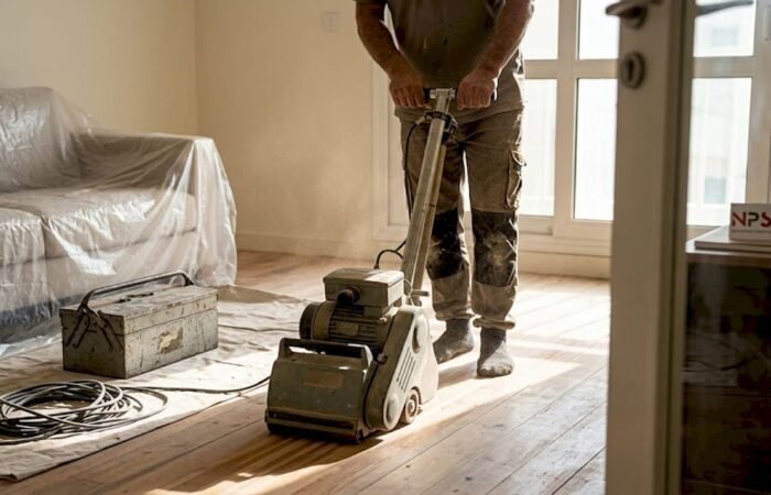 Flooring specialist sanding wooden Dubai living room