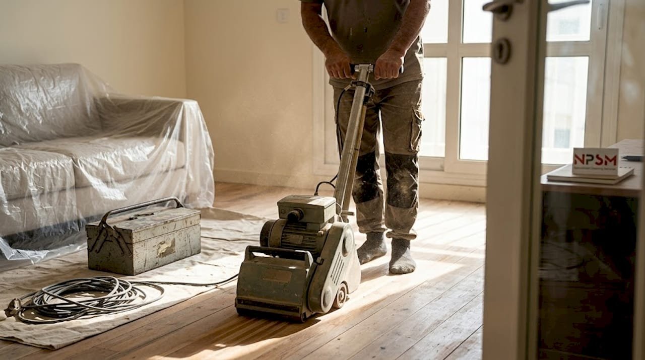Flooring specialist sanding wooden Dubai living room