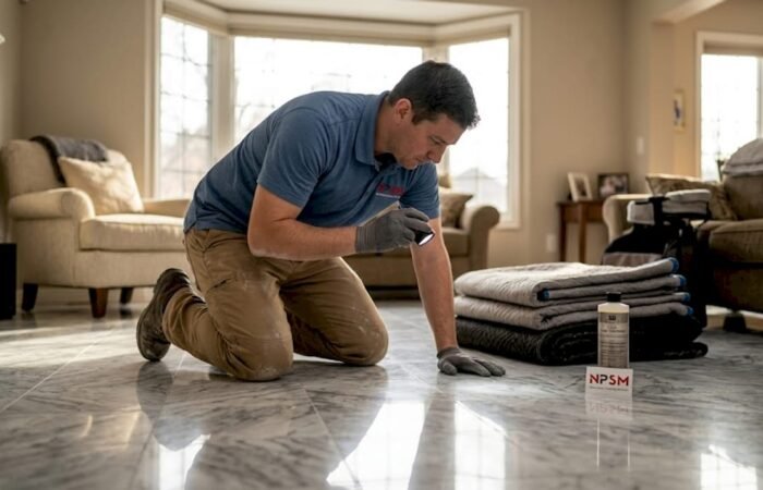 Technician examines marble floor in bright living room