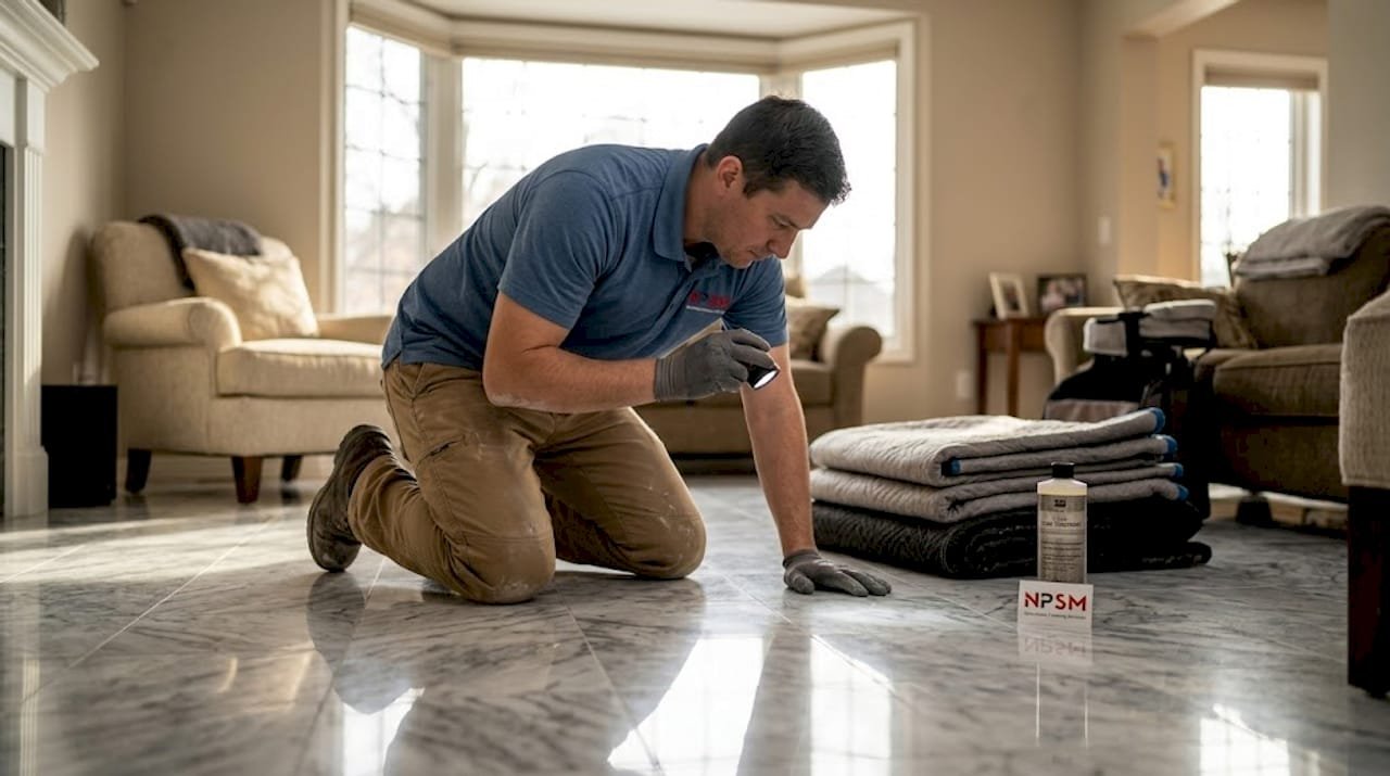 Technician examines marble floor in bright living room