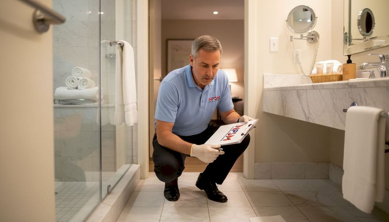 Manager inspecting hotel bathroom tile up close
