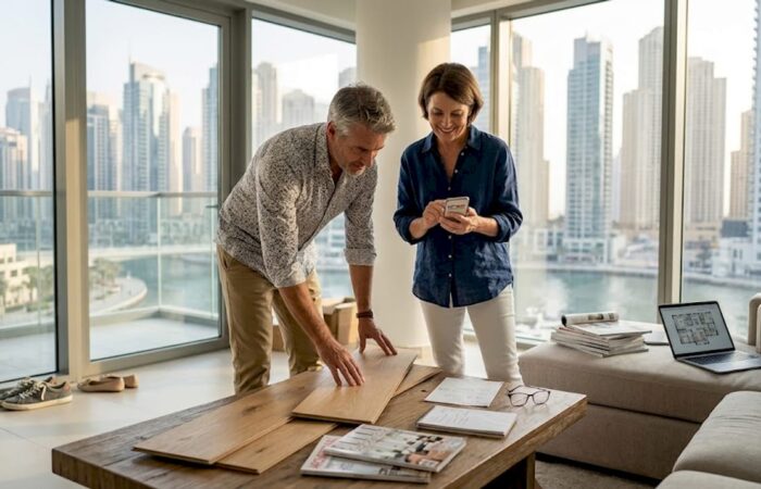 Couple reviewing wood floor samples in Dubai apartment