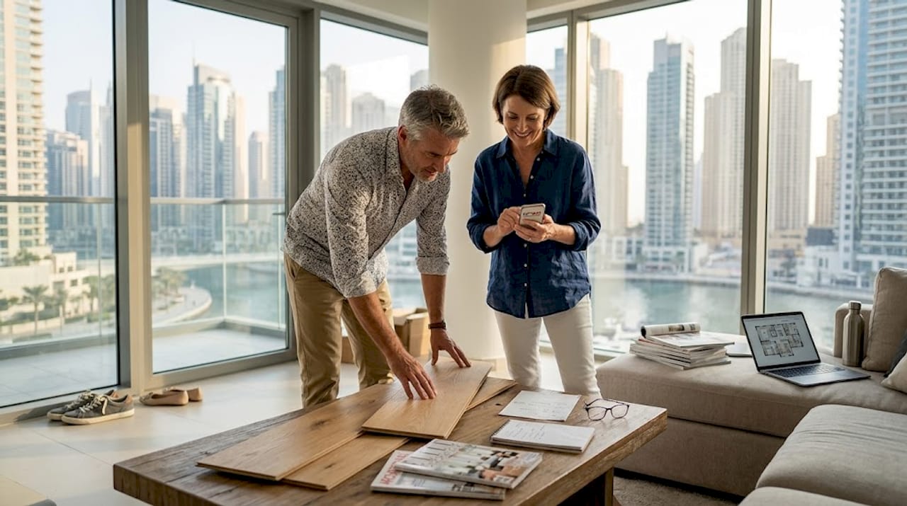 Couple reviewing wood floor samples in Dubai apartment