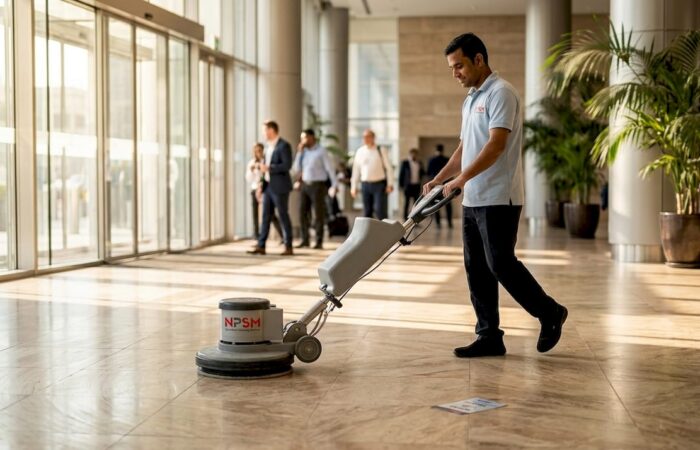 Janitor cleaning marble floor in Dubai lobby