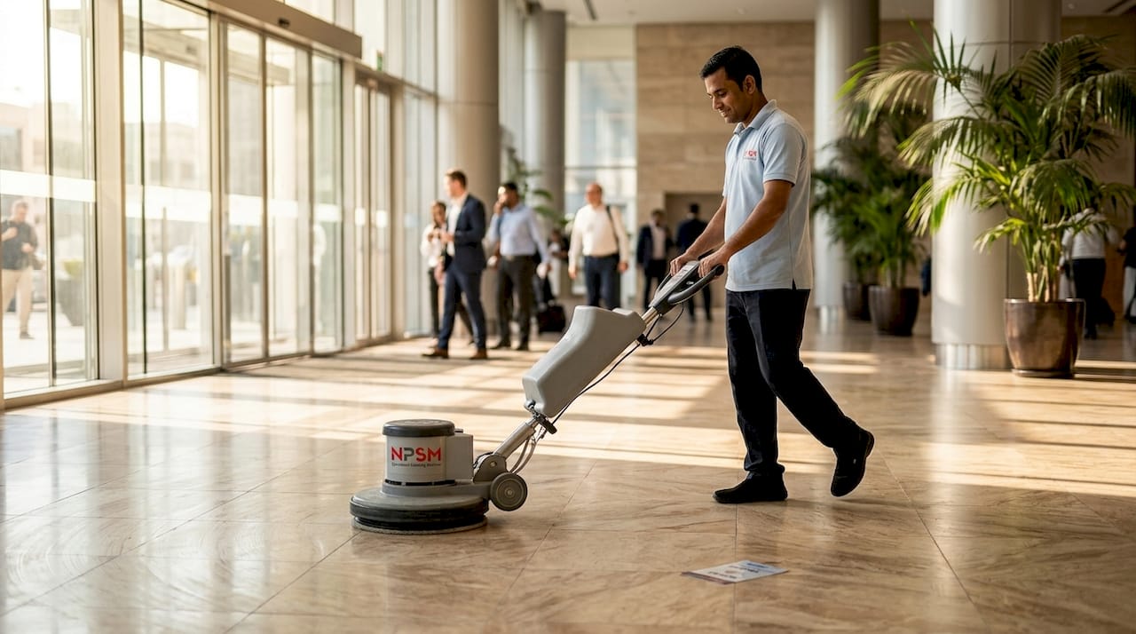 Janitor cleaning marble floor in Dubai lobby