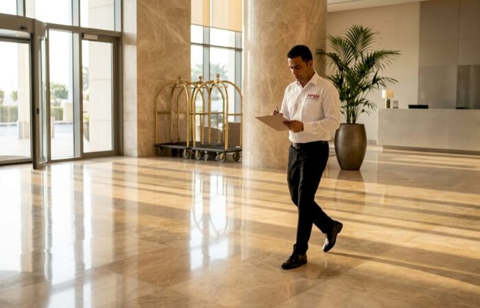 Supervisor inspecting lobby marble floor restoration