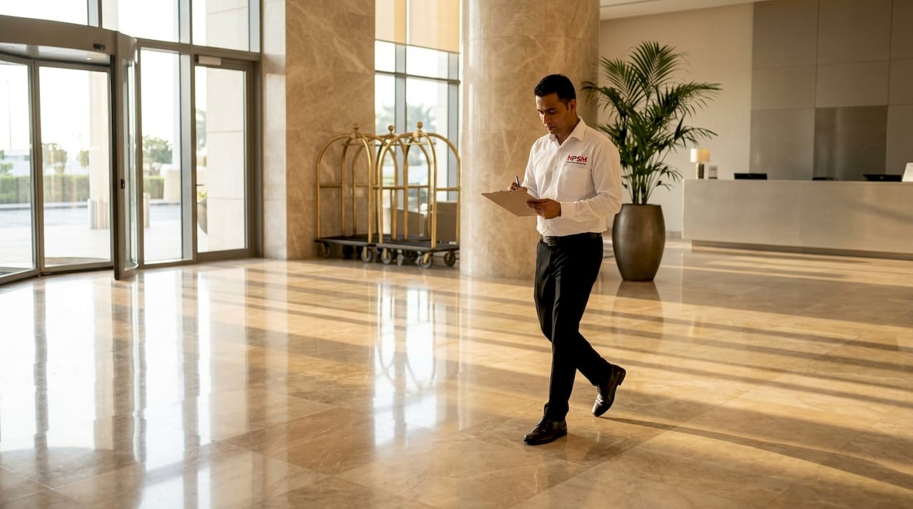Supervisor inspecting lobby marble floor restoration