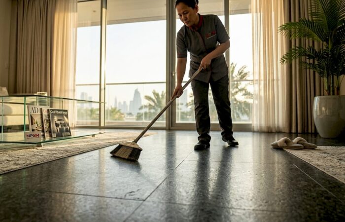 Woman sweeping granite floor in Dubai home