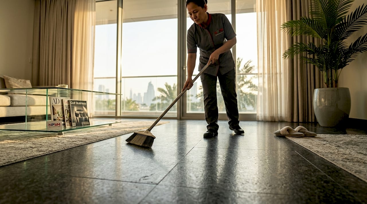 Woman sweeping granite floor in Dubai home