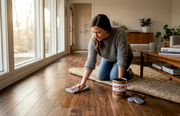 Homeowner cleaning sunlit stained wood floor