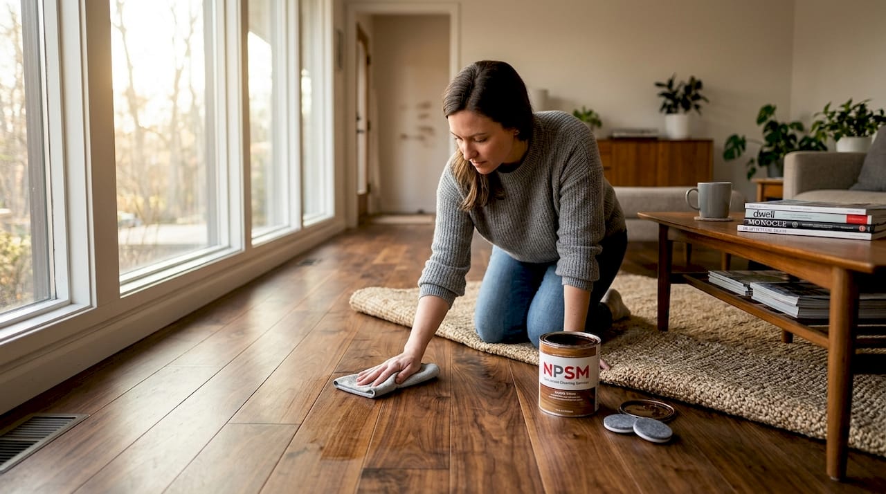 Homeowner cleaning sunlit stained wood floor