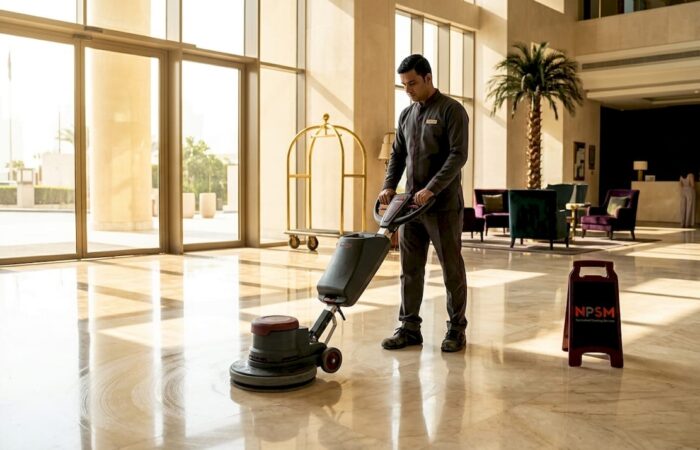 Technician cleaning marble lobby in luxury hotel