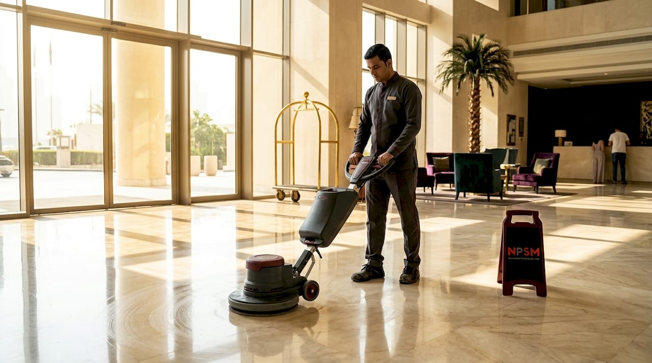 Technician cleaning marble lobby in luxury hotel