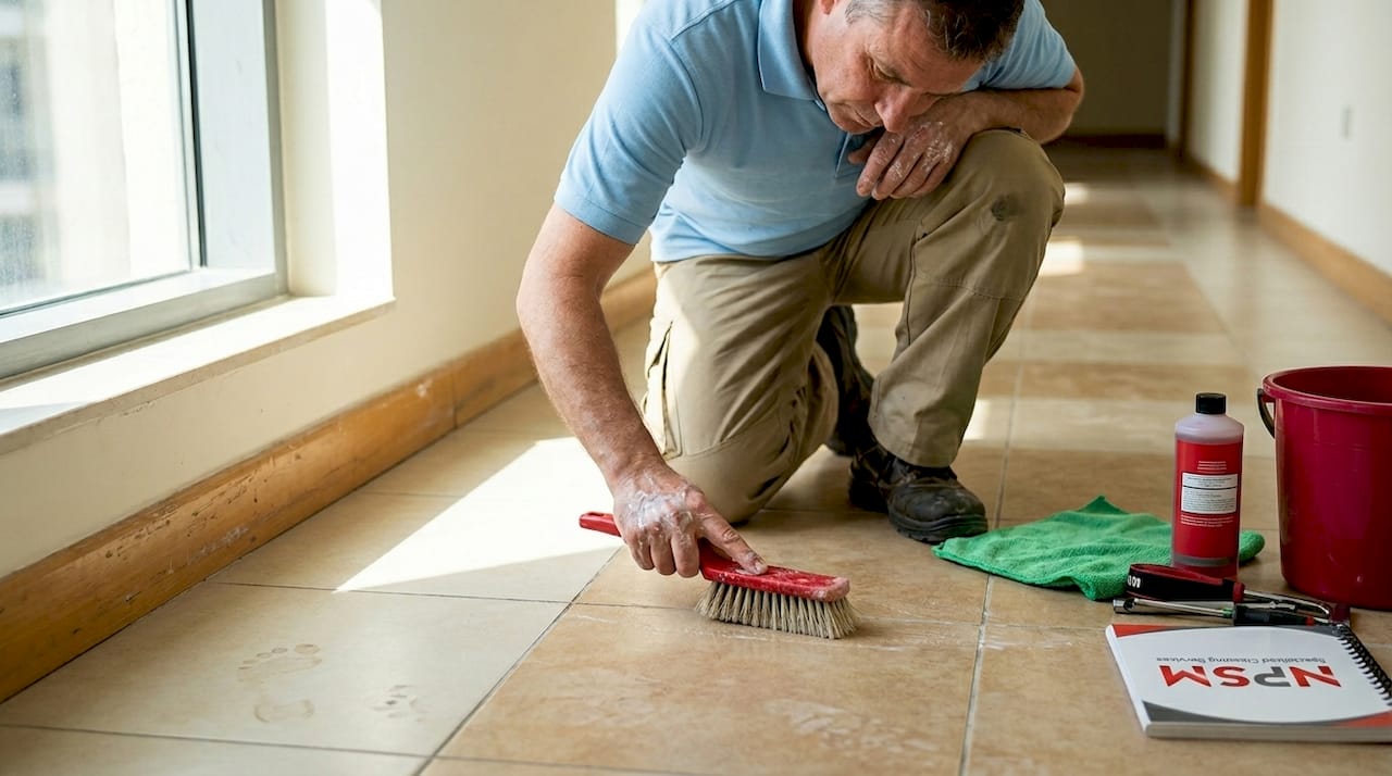 Technician restoring grout in Dubai apartment hallway