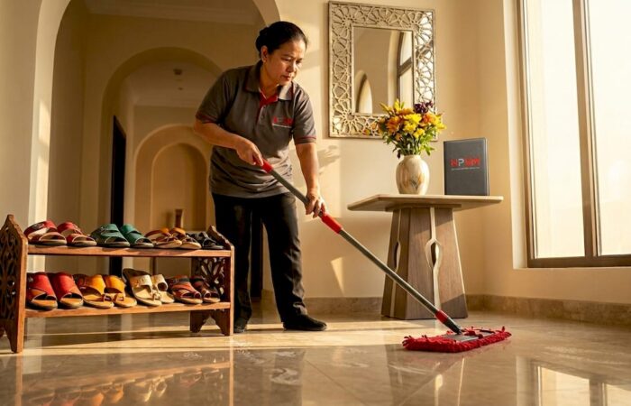 Cleaner maintaining marble floor in Dubai home