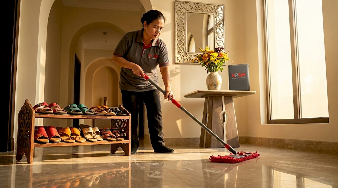 Cleaner maintaining marble floor in Dubai home