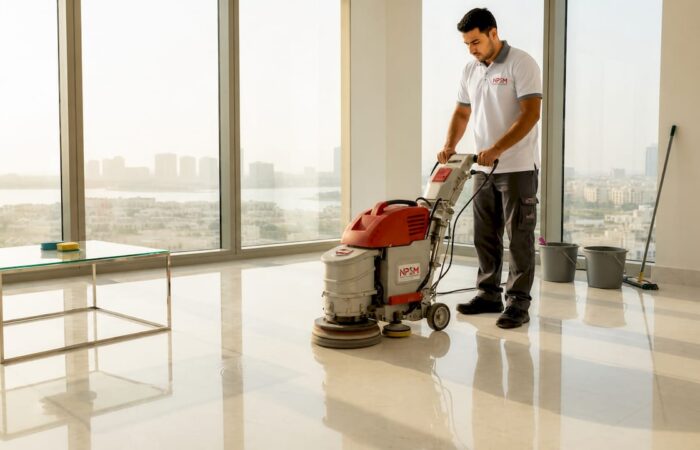 Technician polishing marble floor in Dubai apartment