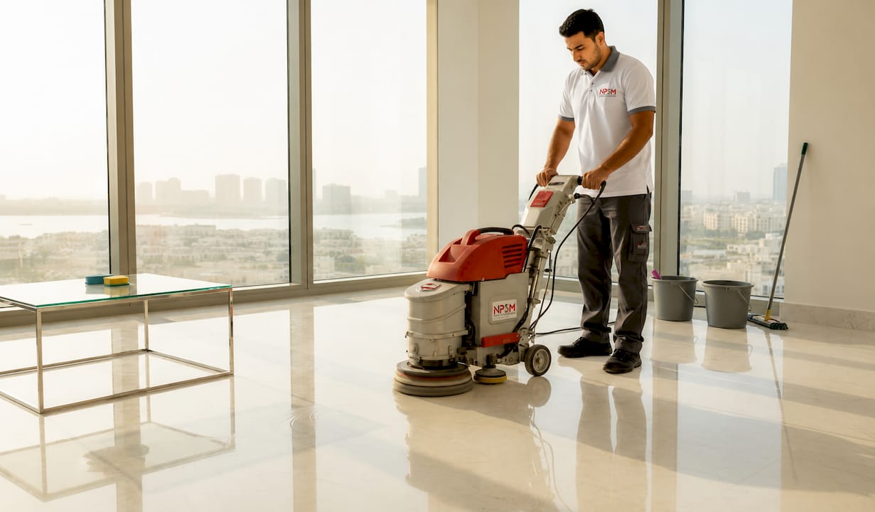 Technician polishing marble floor in Dubai apartment