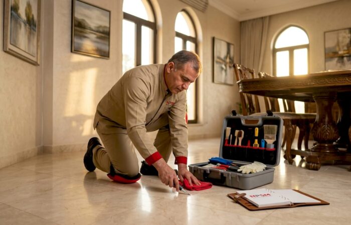Technician applying sealant in Dubai villa living room