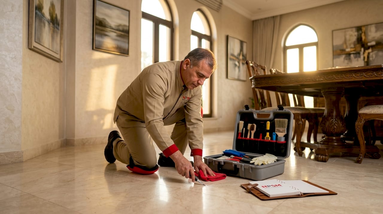 Technician applying sealant in Dubai villa living room