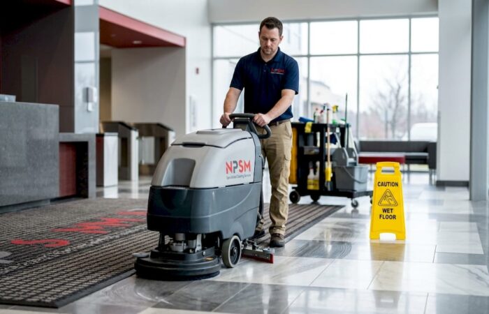 Technician cleaning high-traffic commercial floor